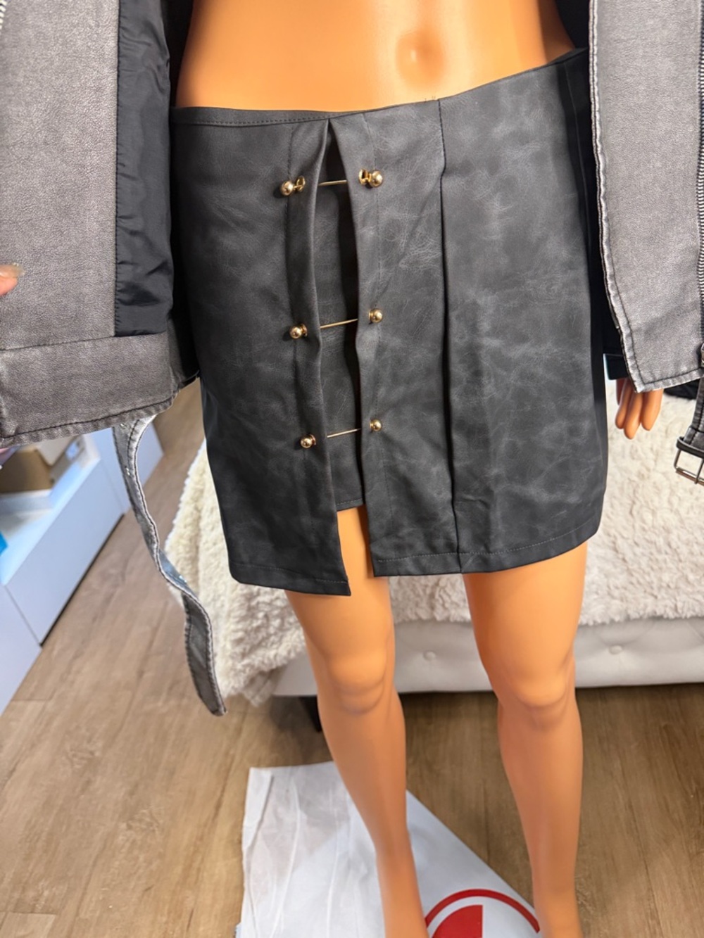 Faux Leather Black Mini Skirt with Gold Accent